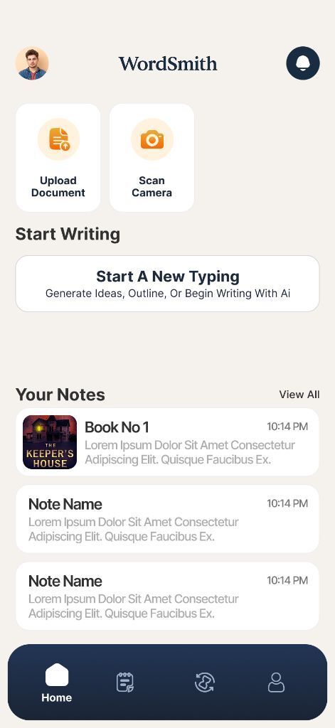 Wordsmith Pro notes and upload screen mockup